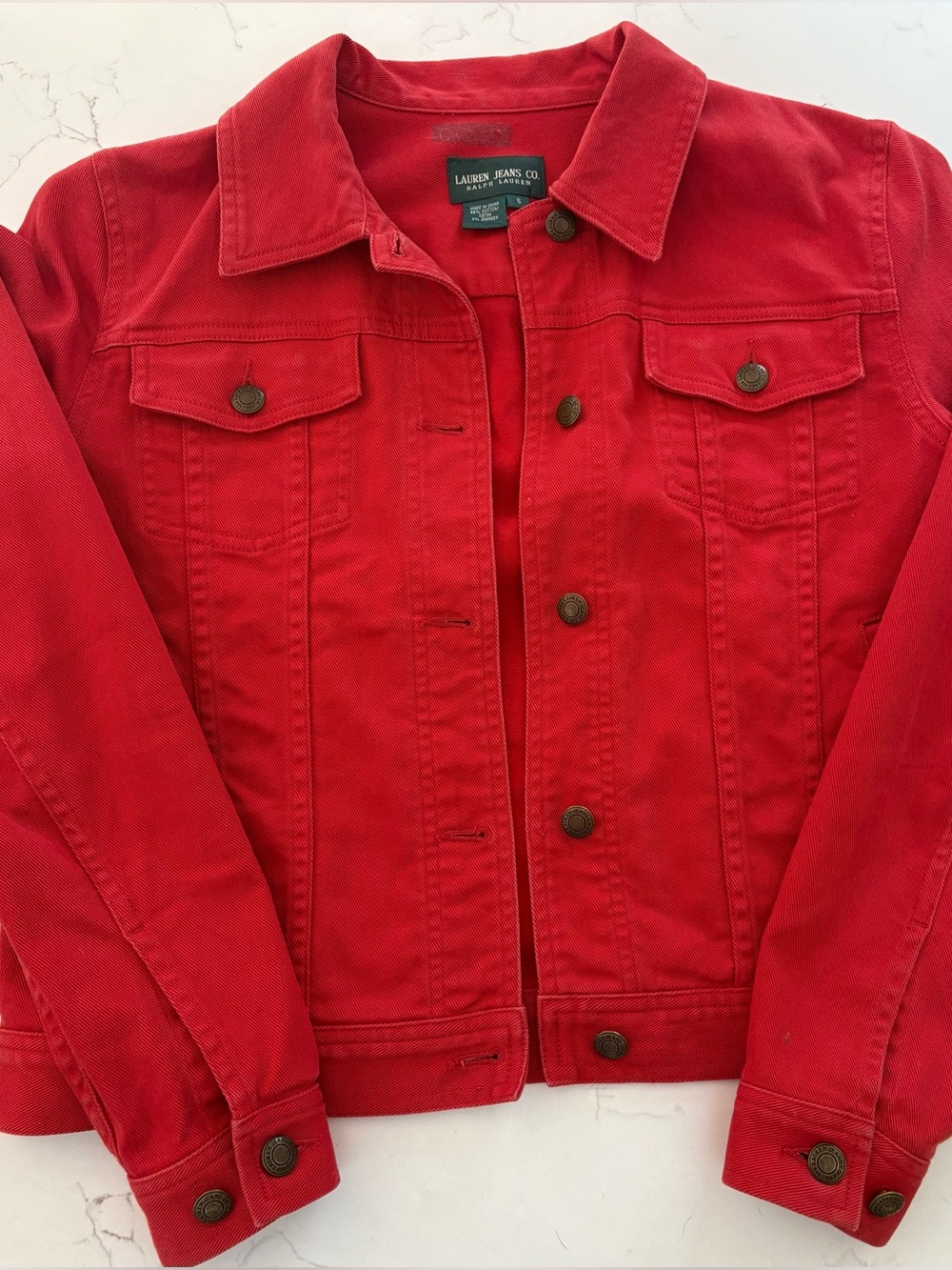 Lauren Jeans Co. Ralph Lauren vintage red denim trucker jean jacket, size S.
